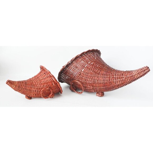 2 Vintage Wicker Cornucopia Baskets Large & Small Horn of Plenty - Picture 5 of 7